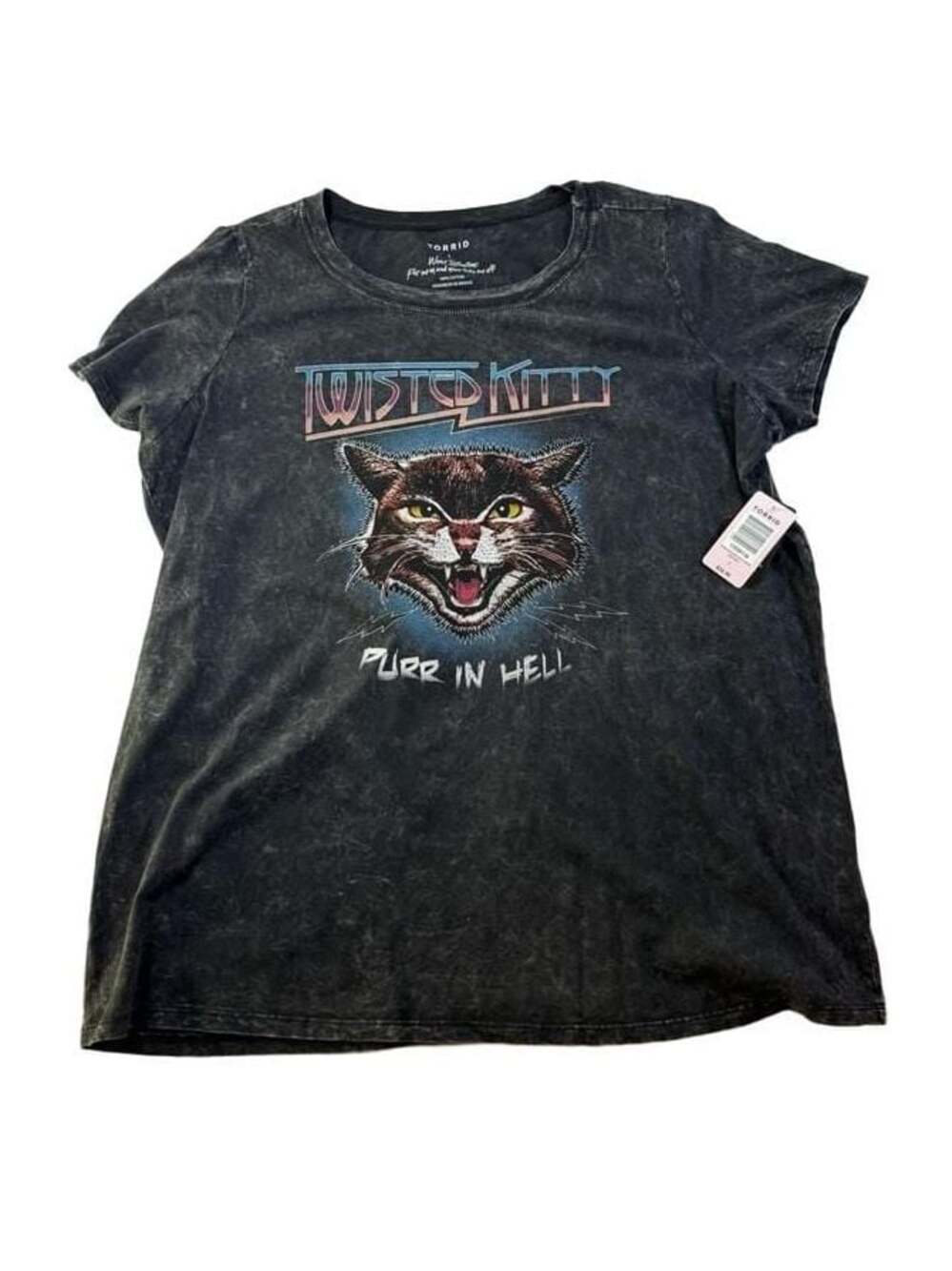 Torrid Twisted Kitty Purr In Hell Mineral Wash Black Graphic Crew T-Shirt